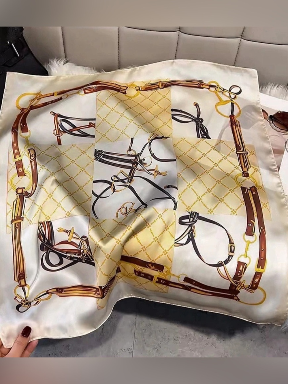 New Printed Square Silk Scarf in White & Brown